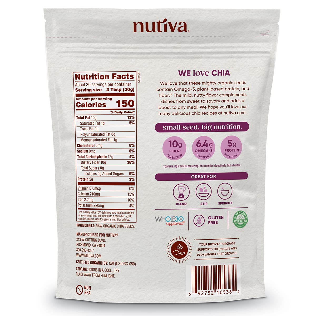 Nutiva chia seeds packaging seal emphasizes freshness and resealable convenience.