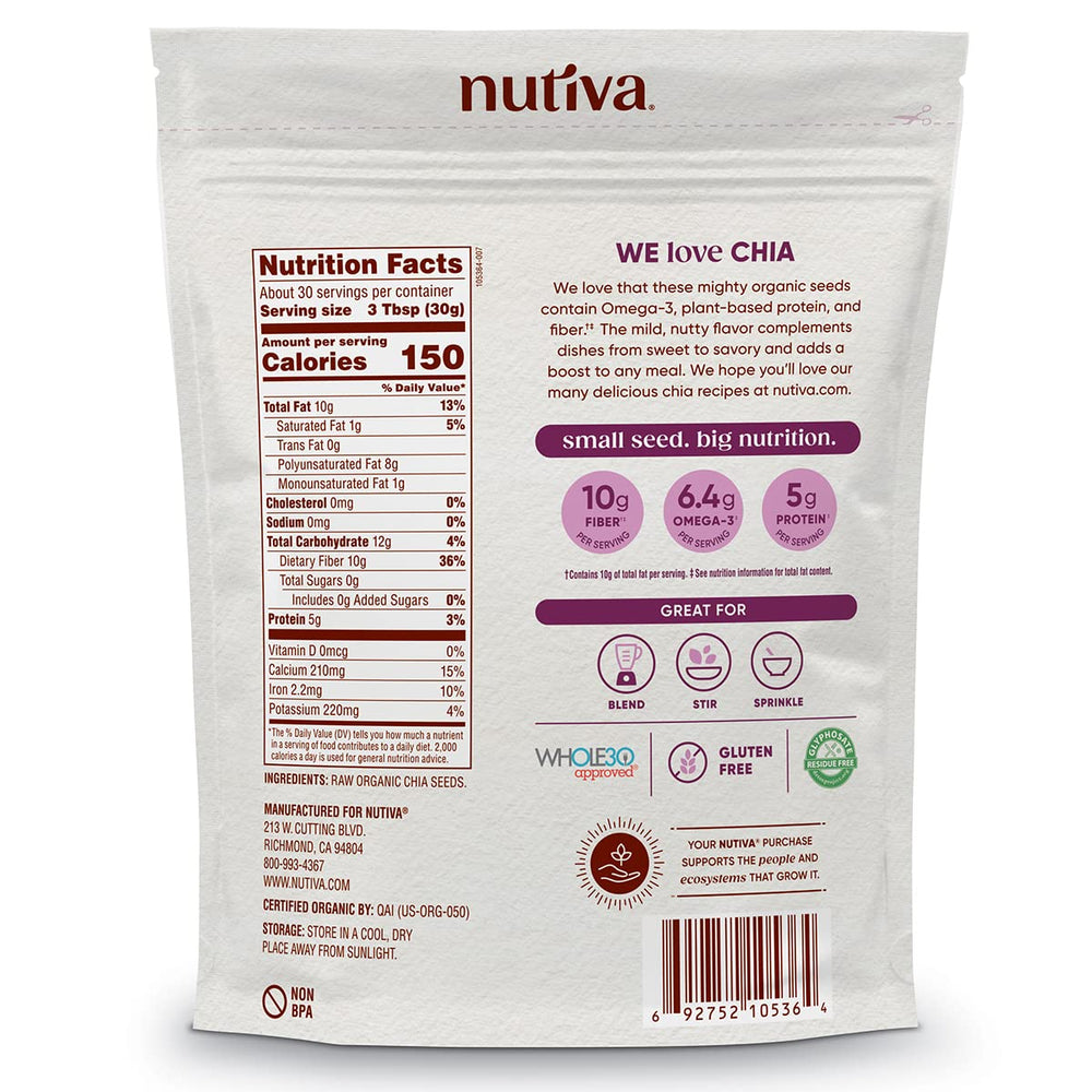 Nutiva chia seeds packaging seal emphasizes freshness and resealable convenience.