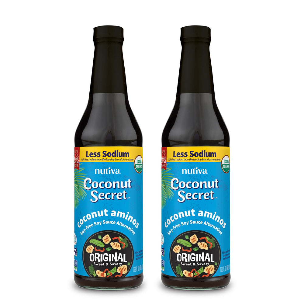 Nutiva Coconut Aminos original bottle on kitchen counter, gluten-free soy sauce substitute.