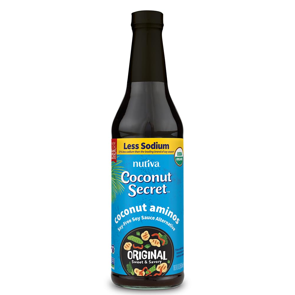 Nutiva Coconut Aminos original bottle sits on a kitchen shelf, ready to flavor meals