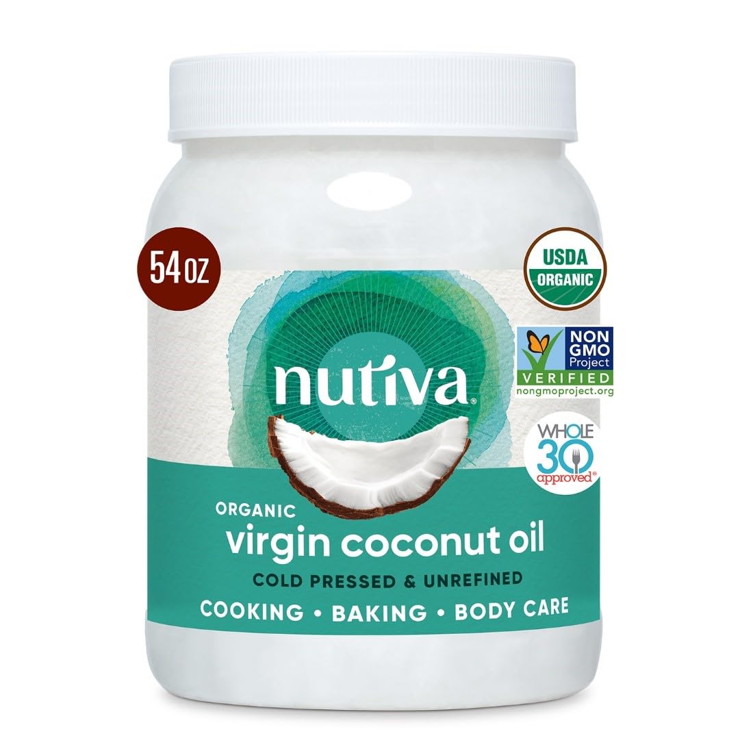Nutiva Organic Coconut Oil bottle for cooking and skincare.
