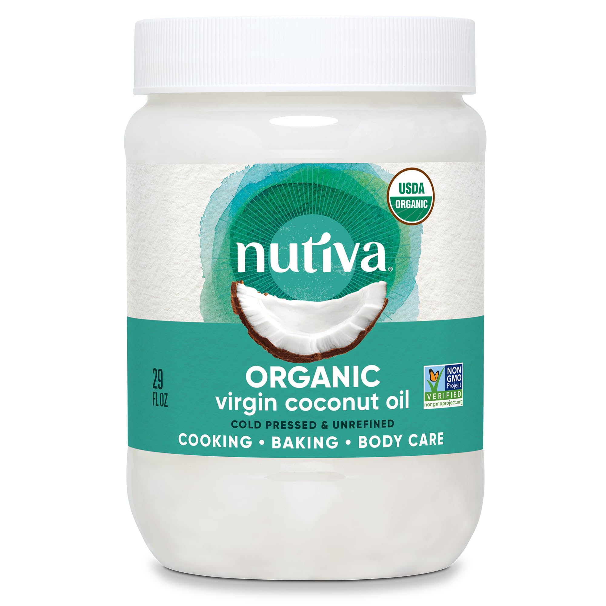 Nutiva coconut oil bottle pour showing versatile cooking and skin benefits.