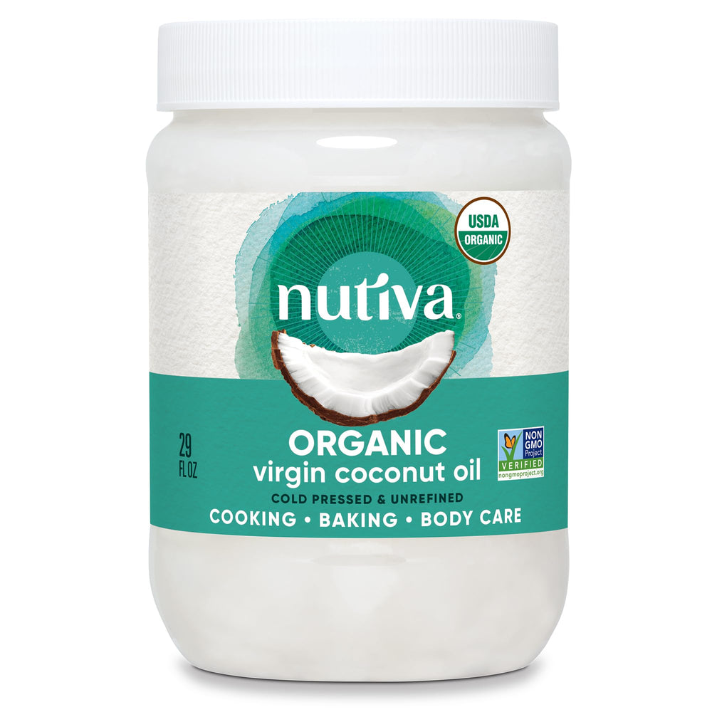 Nutiva coconut oil bottle pour showing versatile cooking and skin benefits.