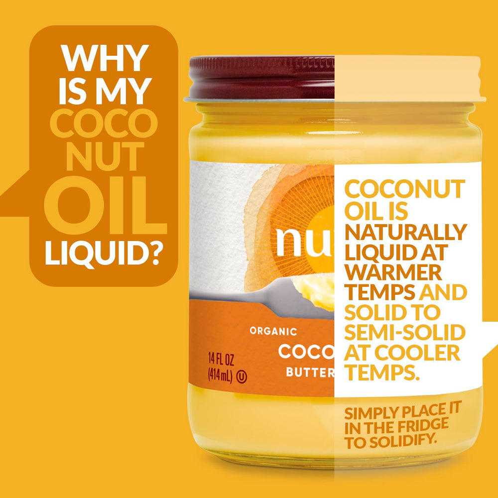 Nutiva coconut oil with butter flavor packaging; eco-friendly design.