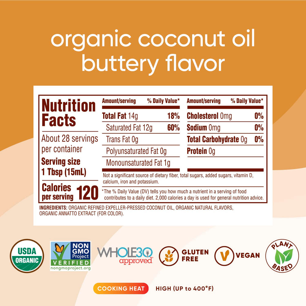 Nutiva coconut oil butter flavor pour shows smooth dairy-free melt for cooking