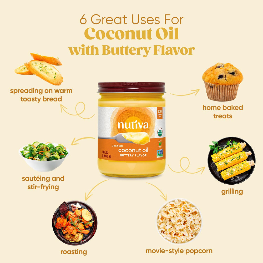 Nutiva coconut oil with butter flavor being poured; ideal for sautéing.