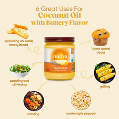 Nutiva coconut oil with butter flavor being poured; ideal for sautéing.