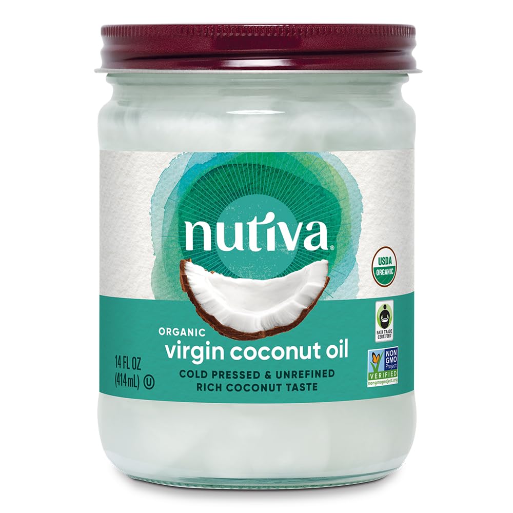 Nutiva coconut oil in a glass jar ready for everyday cooking and baking.