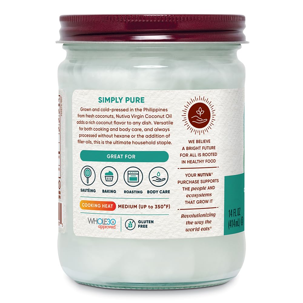 Nutiva coconut oil with measuring spoon ideal for baking and finishing.