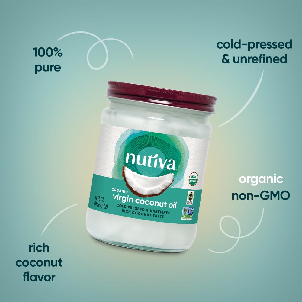 Nutiva coconut oil pouring into a pan for quick melt in cooking.