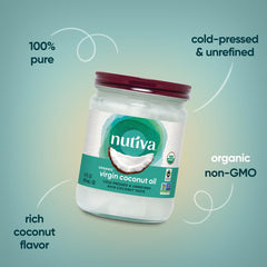 Nutiva coconut oil pouring into a pan for quick melt in cooking.