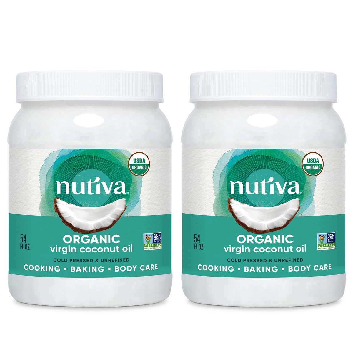Nutiva Organic Coconut Oil two-pack front view, versatile for cooking and baking.