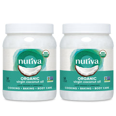 Nutiva Organic Coconut Oil two-pack front view, versatile for cooking and baking.