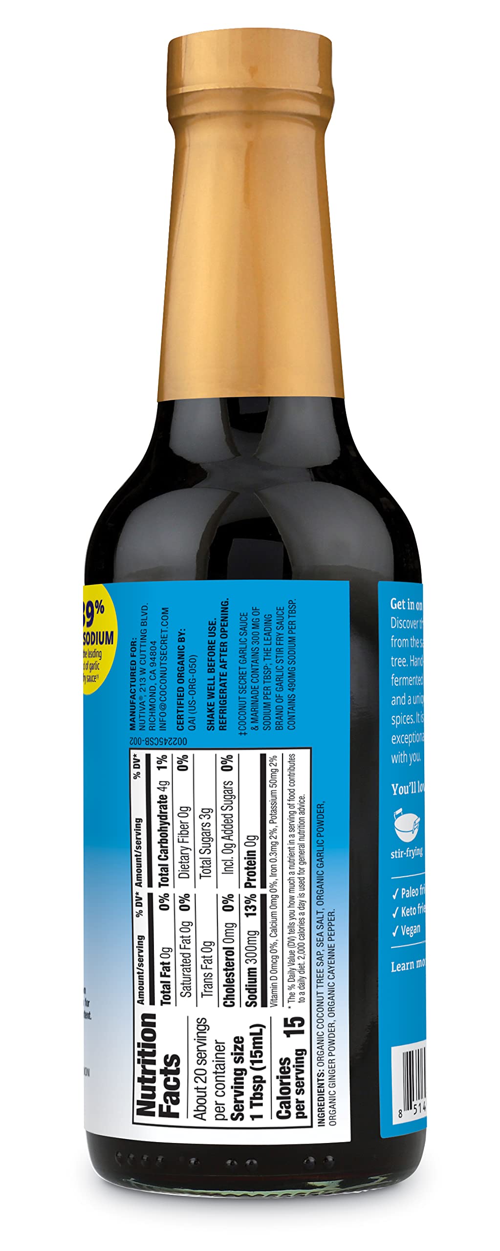 Nutiva Coconut Secret Aminos Garlic Sauce ingredients label highlights organic coconut sap.