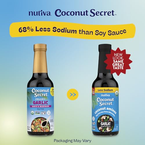 Nutiva Coconut Secret Aminos Garlic Sauce kitchen scene with garlic and ginger nearby.