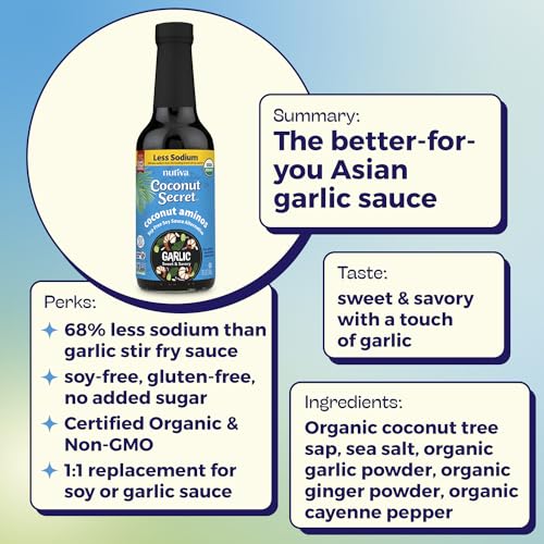 Nutiva Coconut Secret Aminos Garlic Sauce glass bottle with organic seal.