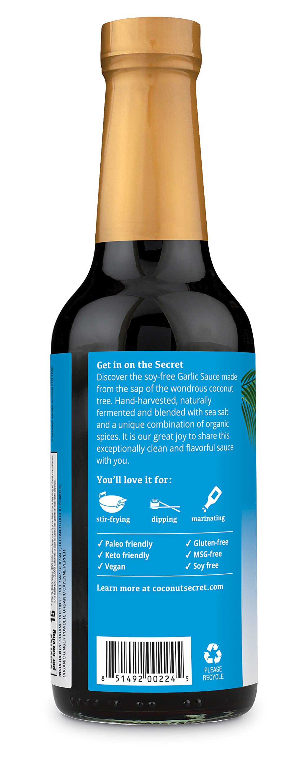 Nutiva Coconut Secret Aminos Garlic Sauce organic certification and non-GMO badge.