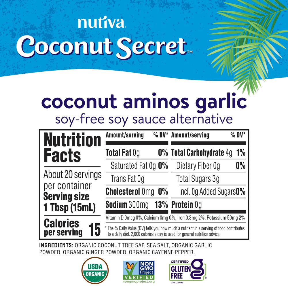 Nutiva Coconut Secret Aminos Garlic Sauce pour over vegetables for a savory glaze.