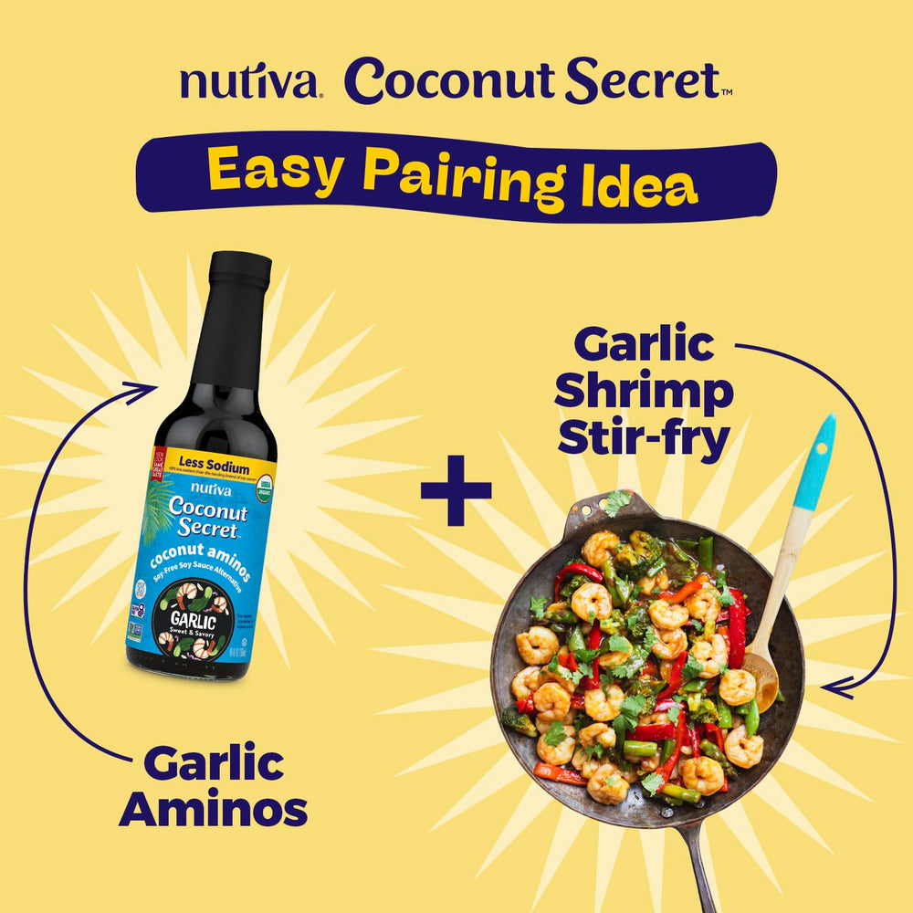 Nutiva Coconut Secret Aminos Garlic Sauce keto-friendly gluten-free option on shelf.
