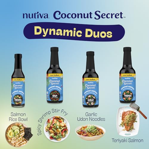 Packaged four-bottle Nutiva Coconut Secret Aminos on a kitchen shelf