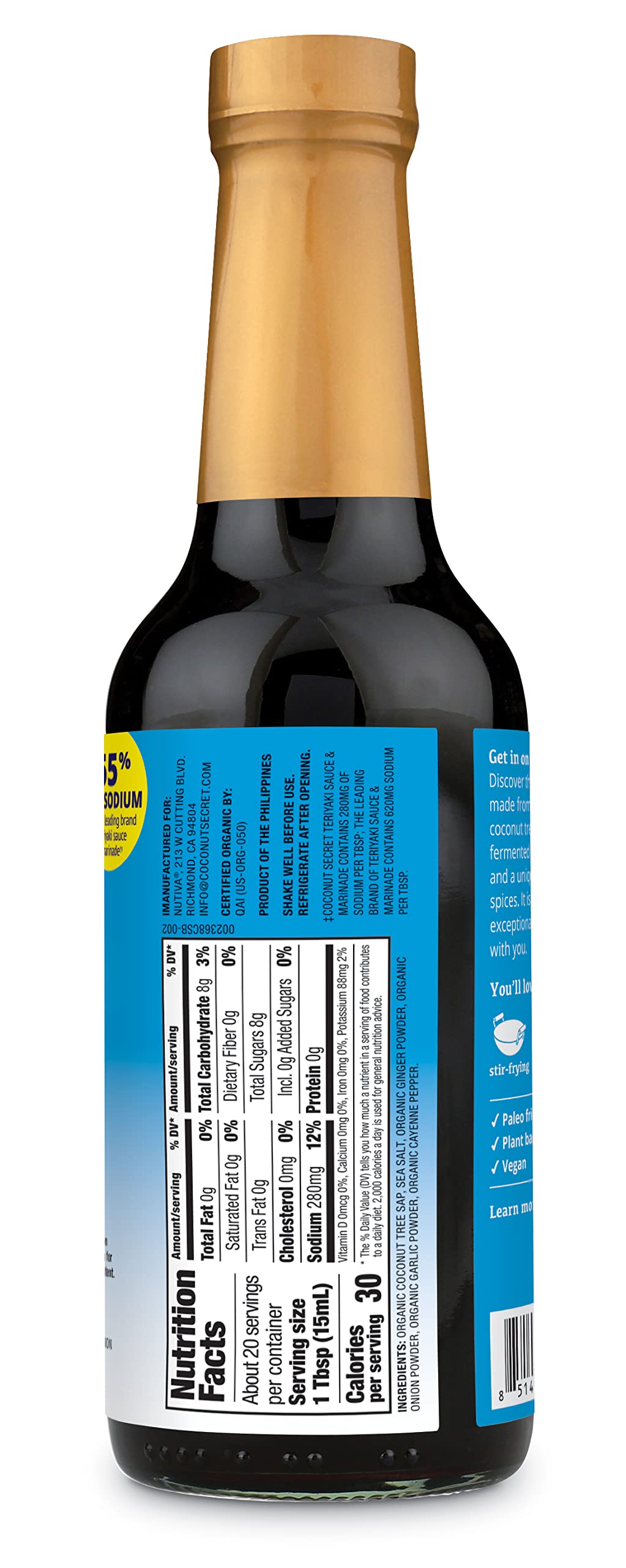 Nutiva Coconut Secret Coconut Aminos Teriyaki label closeup highlights organic, gluten-free ingredients.