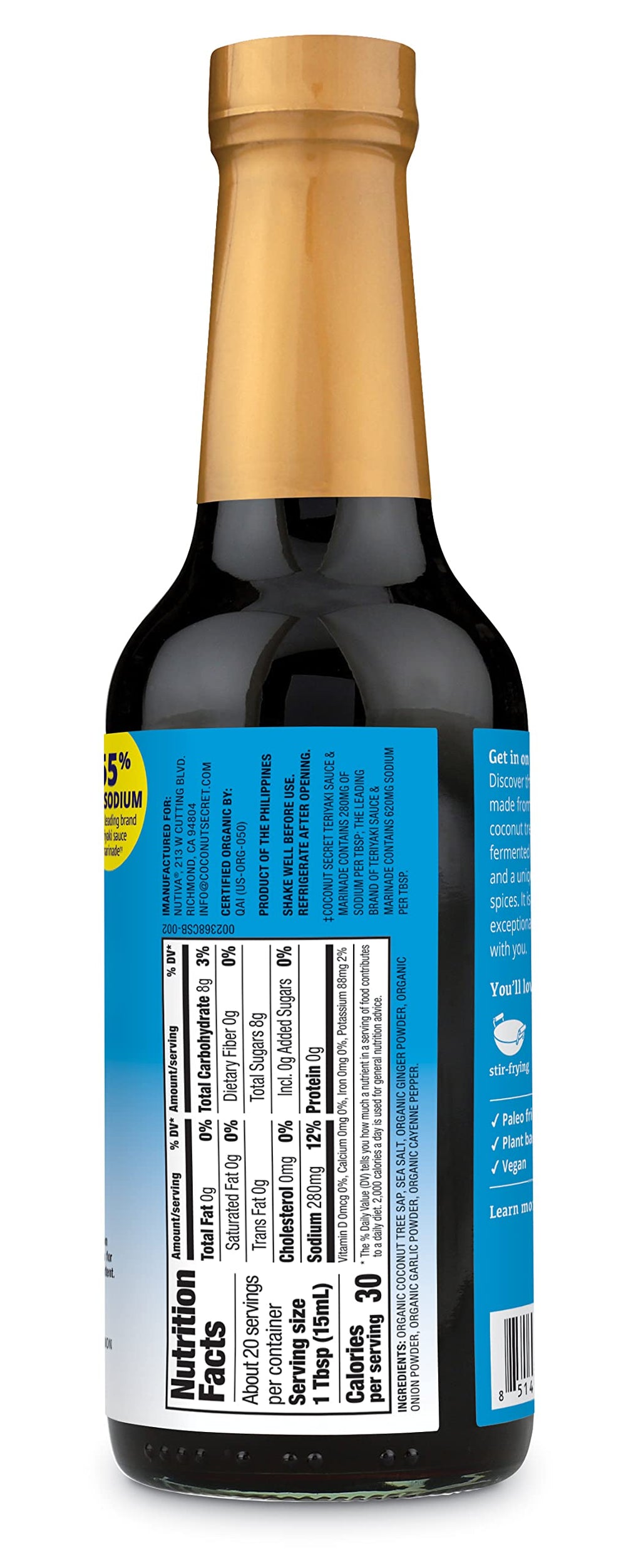 Nutiva Coconut Secret Coconut Aminos Teriyaki label closeup highlights organic, gluten-free ingredients.
