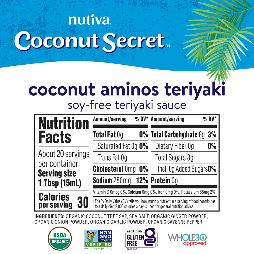 Nutiva Coconut Secret Coconut Aminos Teriyaki pour shows glossy glaze for veggies.