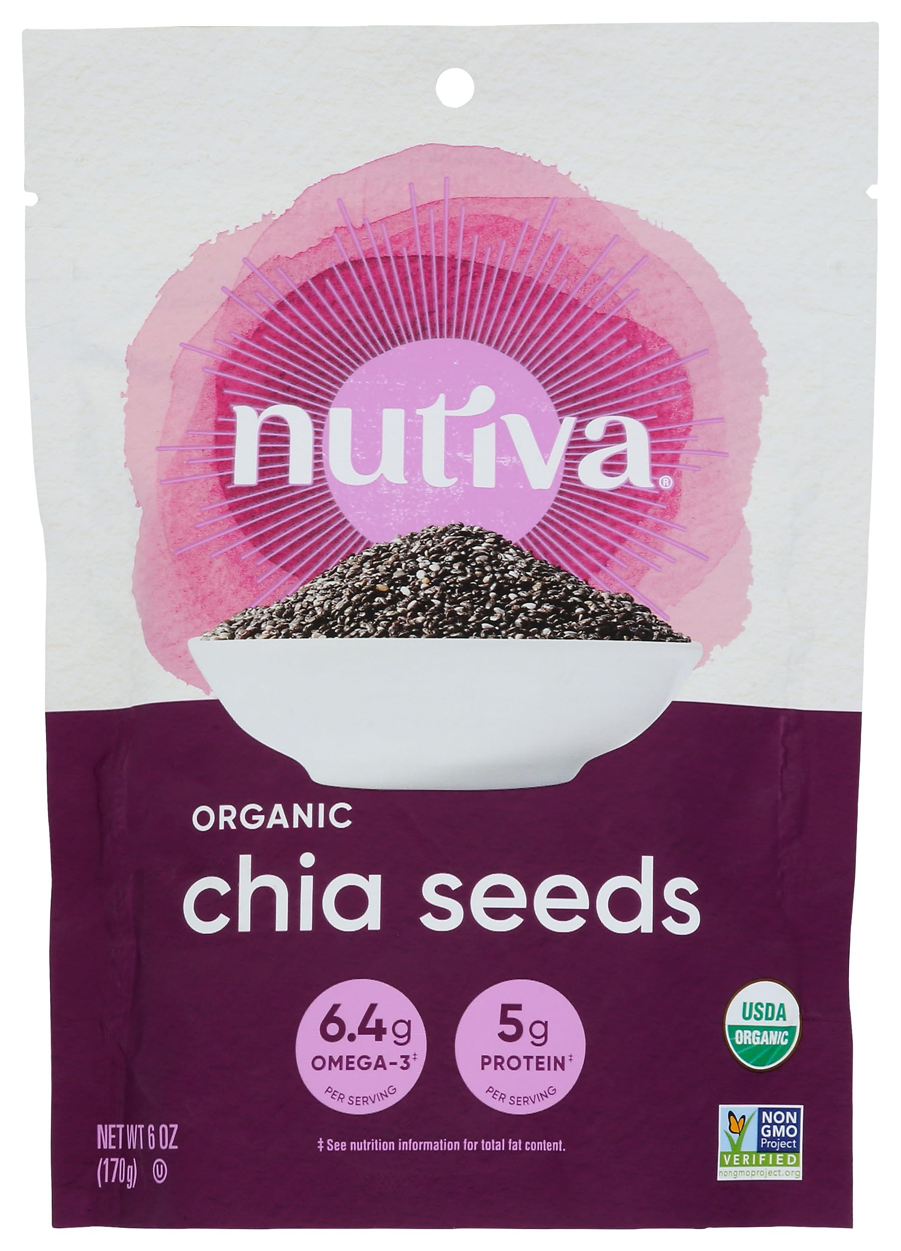 Nutiva Organic Black Chia Seeds in a resealable bag for easy storage and daily use.