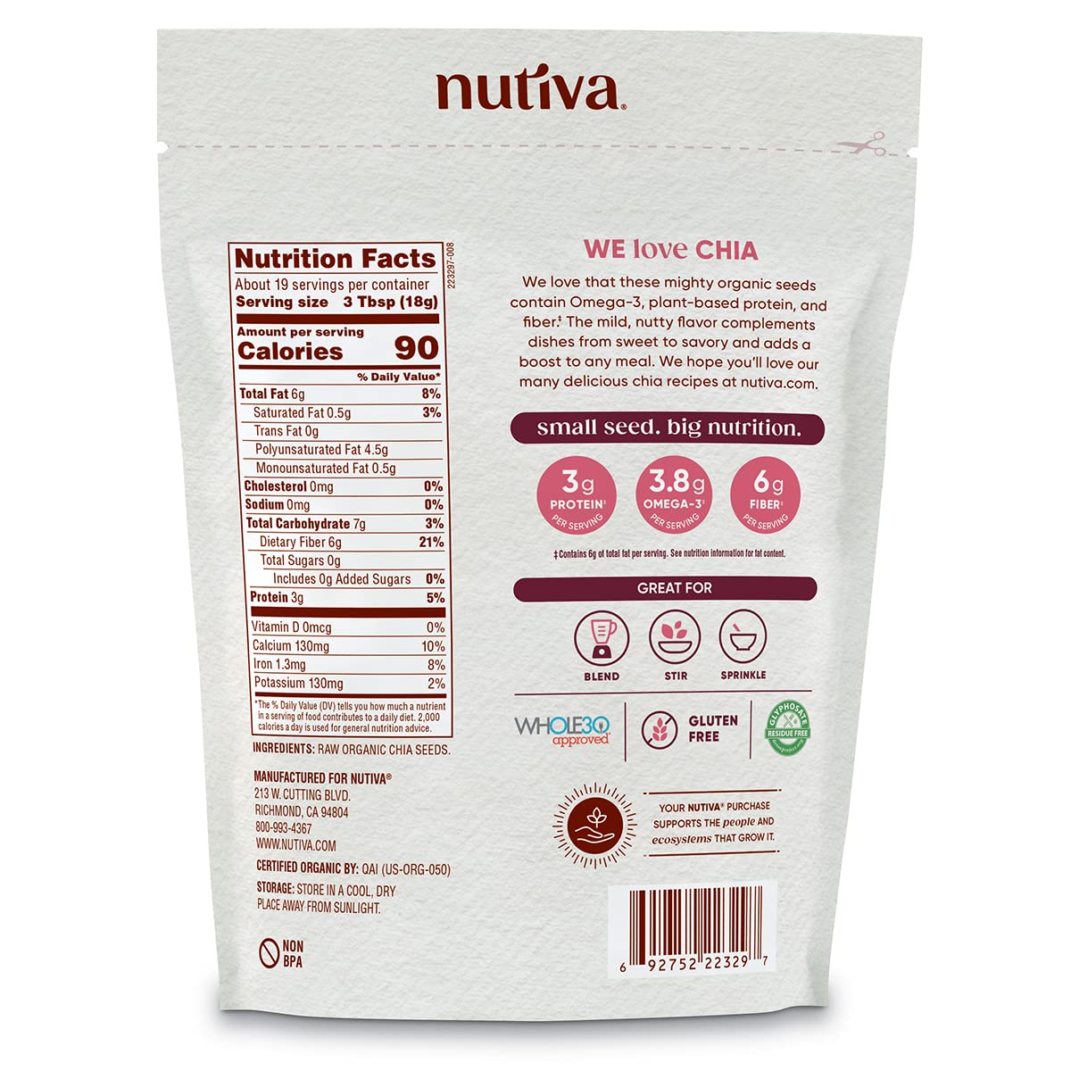 Nutiva chia seeds bowl close-up highlights fiber and protein boost for meals.