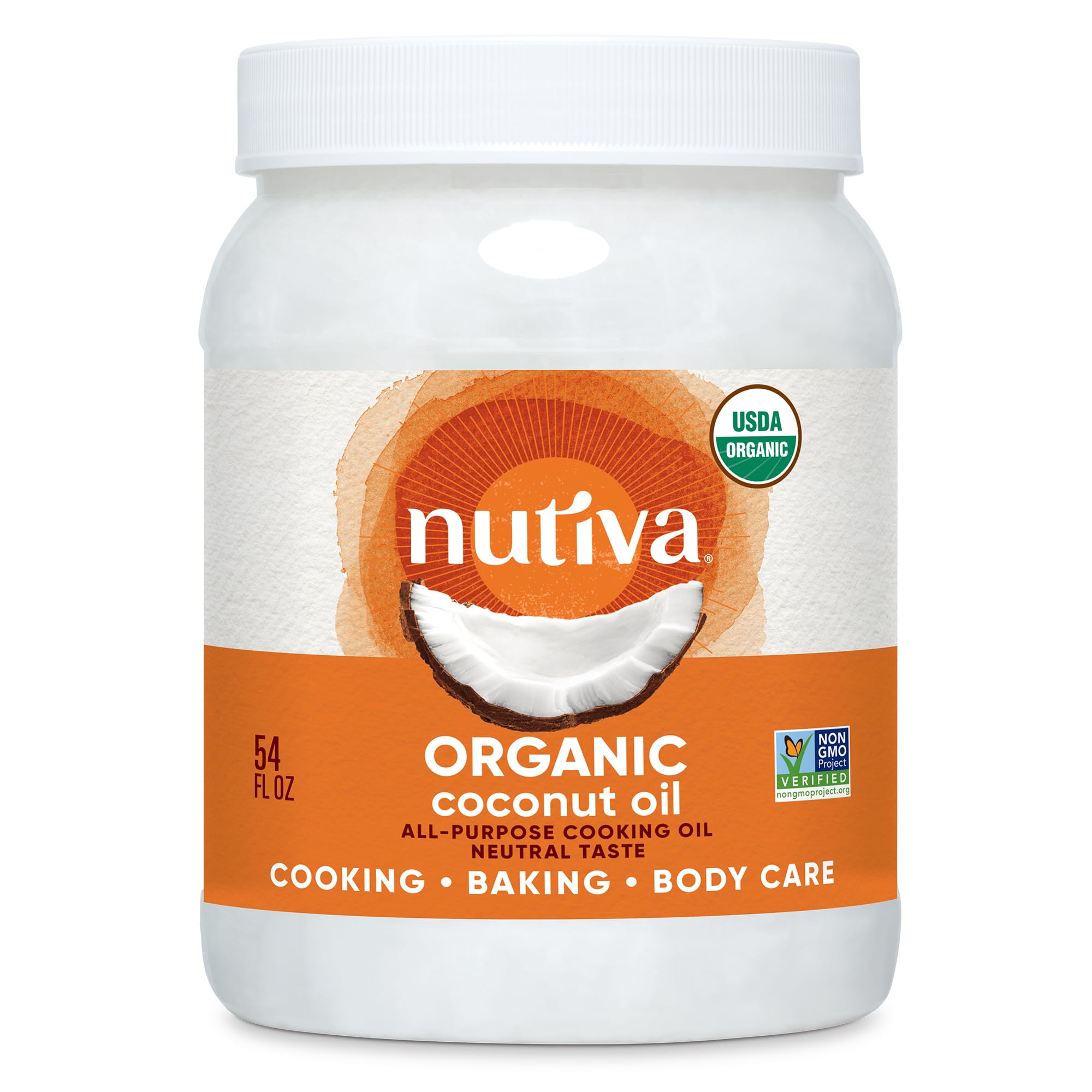 Nutiva steam refined coconut oil bottle ready for high-heat cooking with neutral flavor.