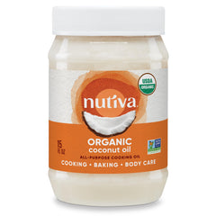 Nutiva steam-refined coconut oil bottle for versatile cooking.