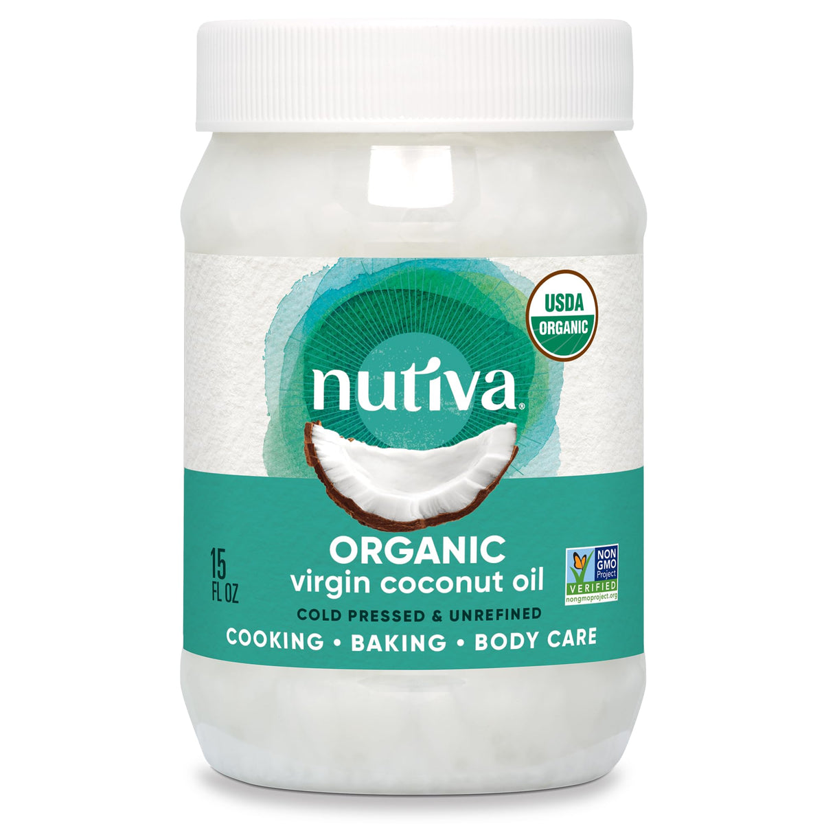 Nutiva Virgin Coconut Oil bottle on counter ready for versatile cooking.