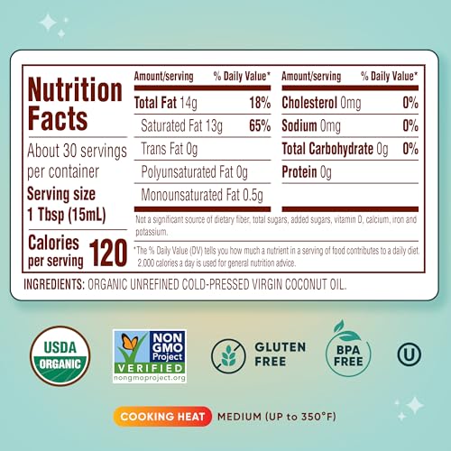 Nutiva Virgin Coconut Oil label closeup confirms organic, non-GMO sourcing and purity.
