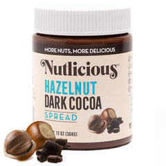Nutlicious hazelnut dark cocoa spread jar—creamy, rich snack option.