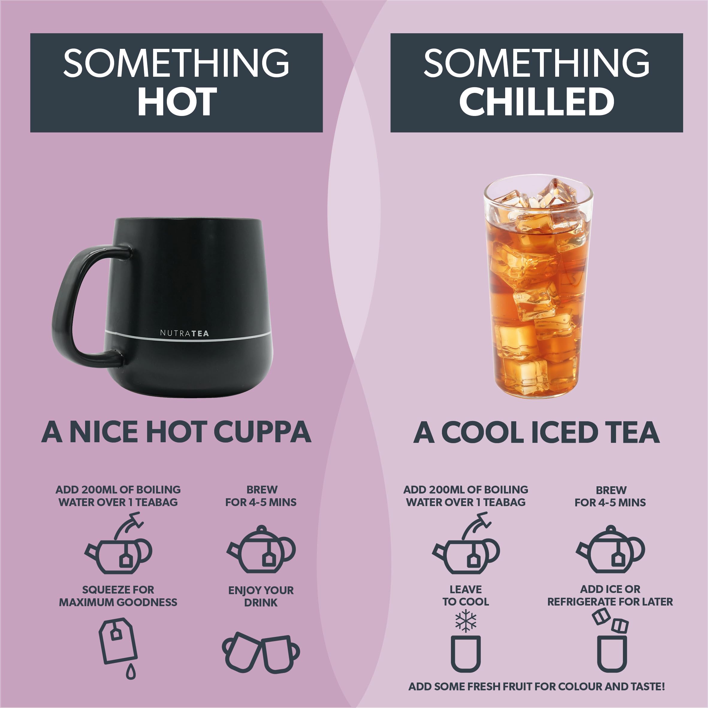 Nutra Tea brewing scene with amber tea and comforting scent