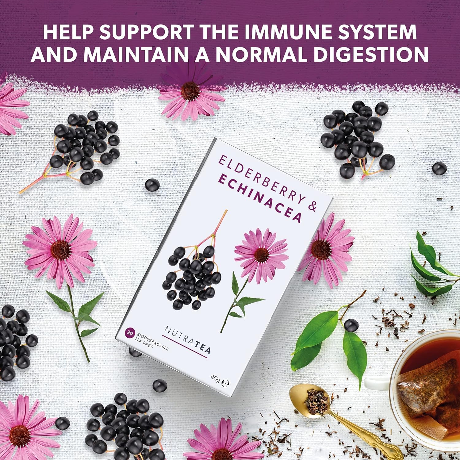 Nutra Tea elderberry and echinacea ingredients displayed in bowl