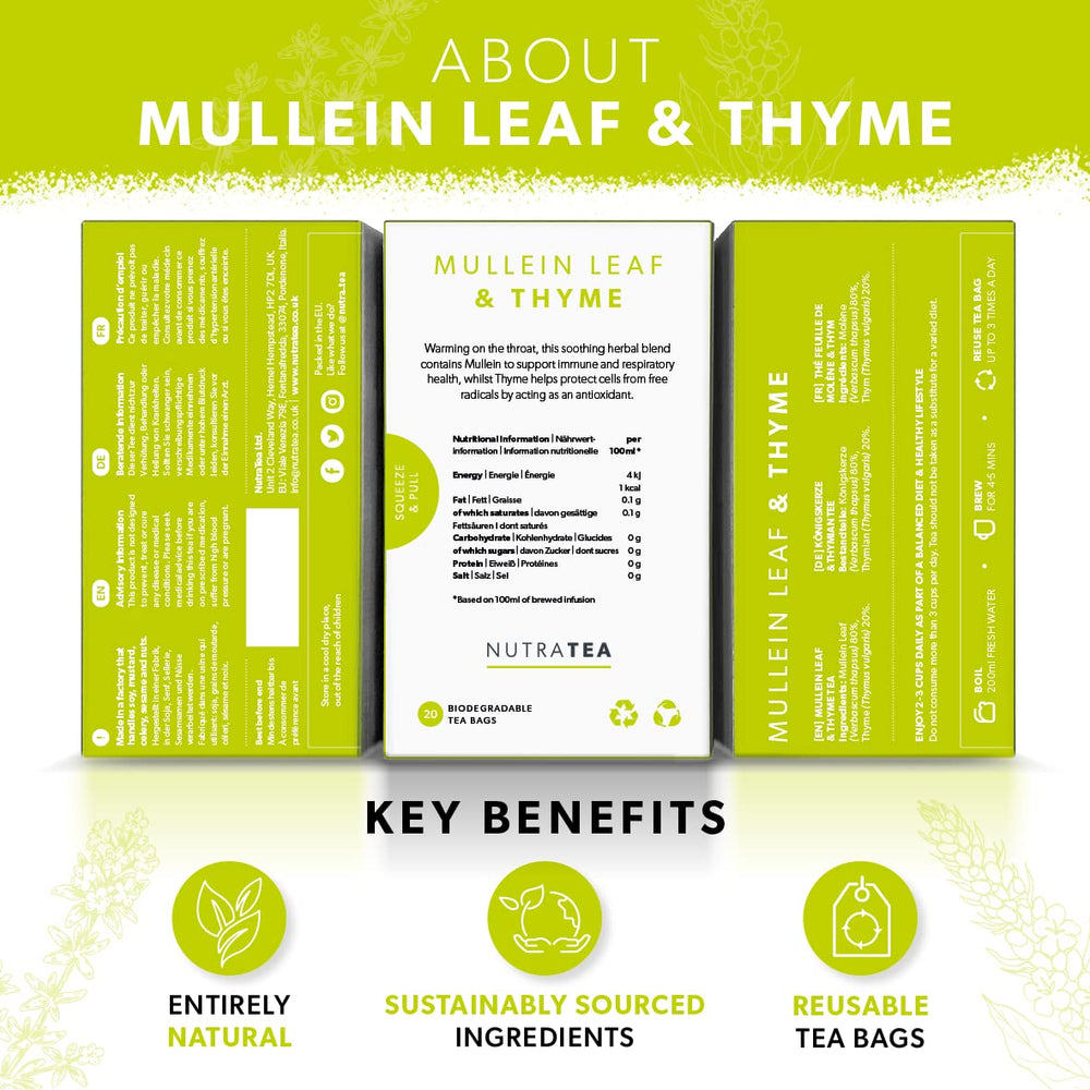 Nutra Tea Mullein Leaf Thyme tea brewing in a cup with aromatic steam