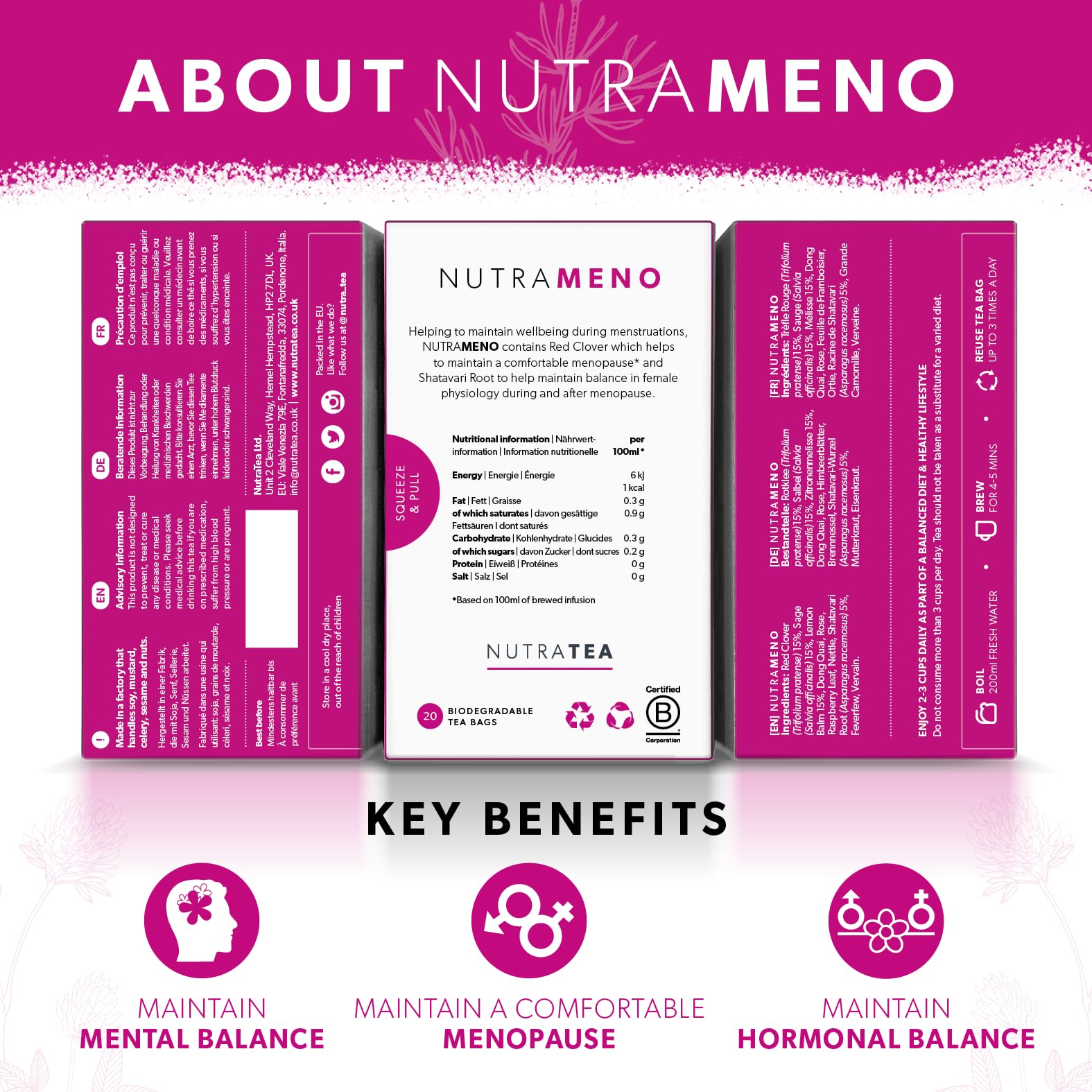 NutraMeno dry tea blend with spoon highlighting all-natural herbs for balanced evenings