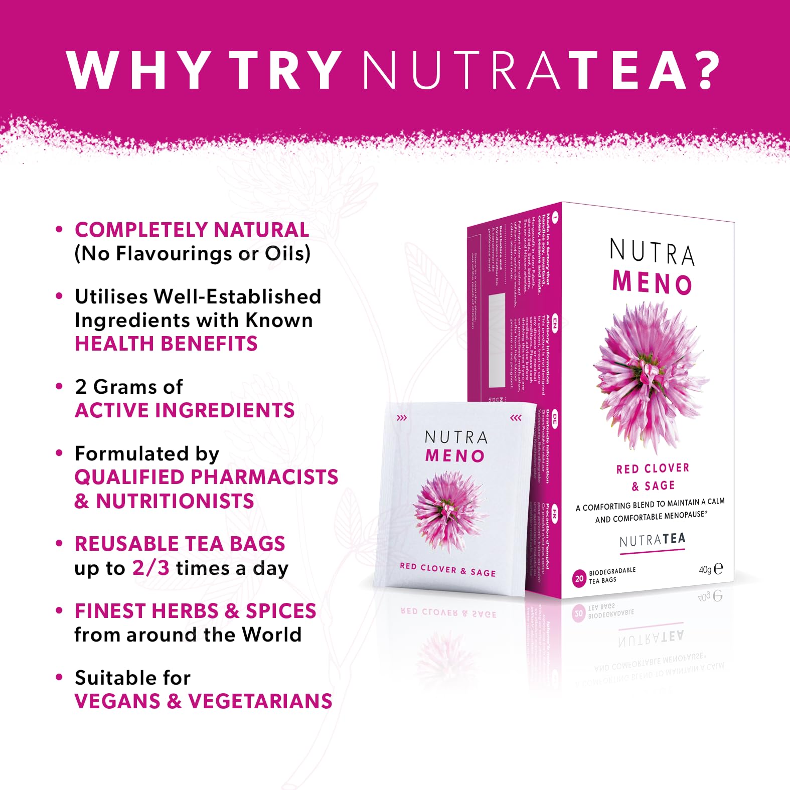 NutraMeno tea bags inside box, convenient 60-cup supply