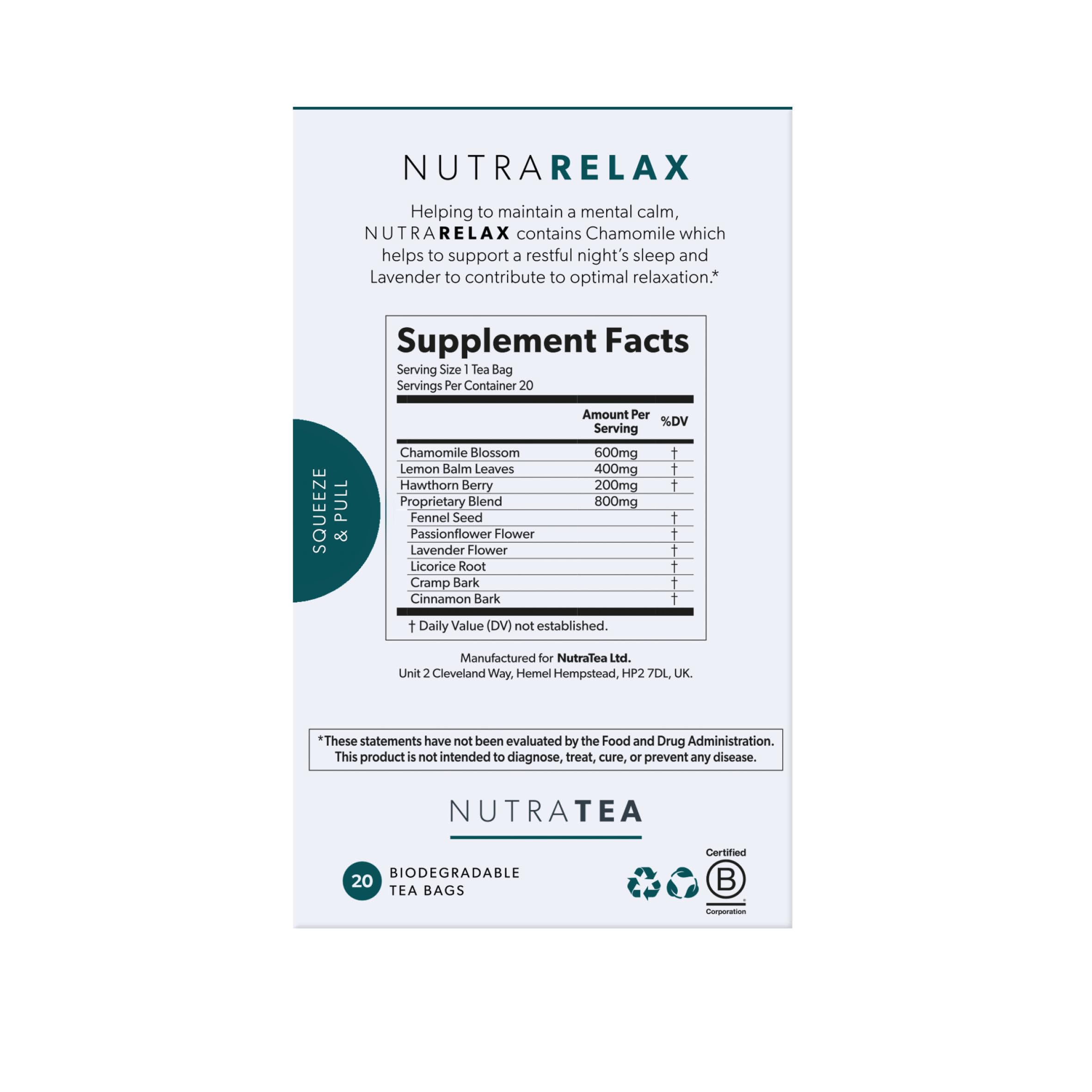 Nutra Tea NutraRelax cup steaming suggests a tranquil evening ritual.