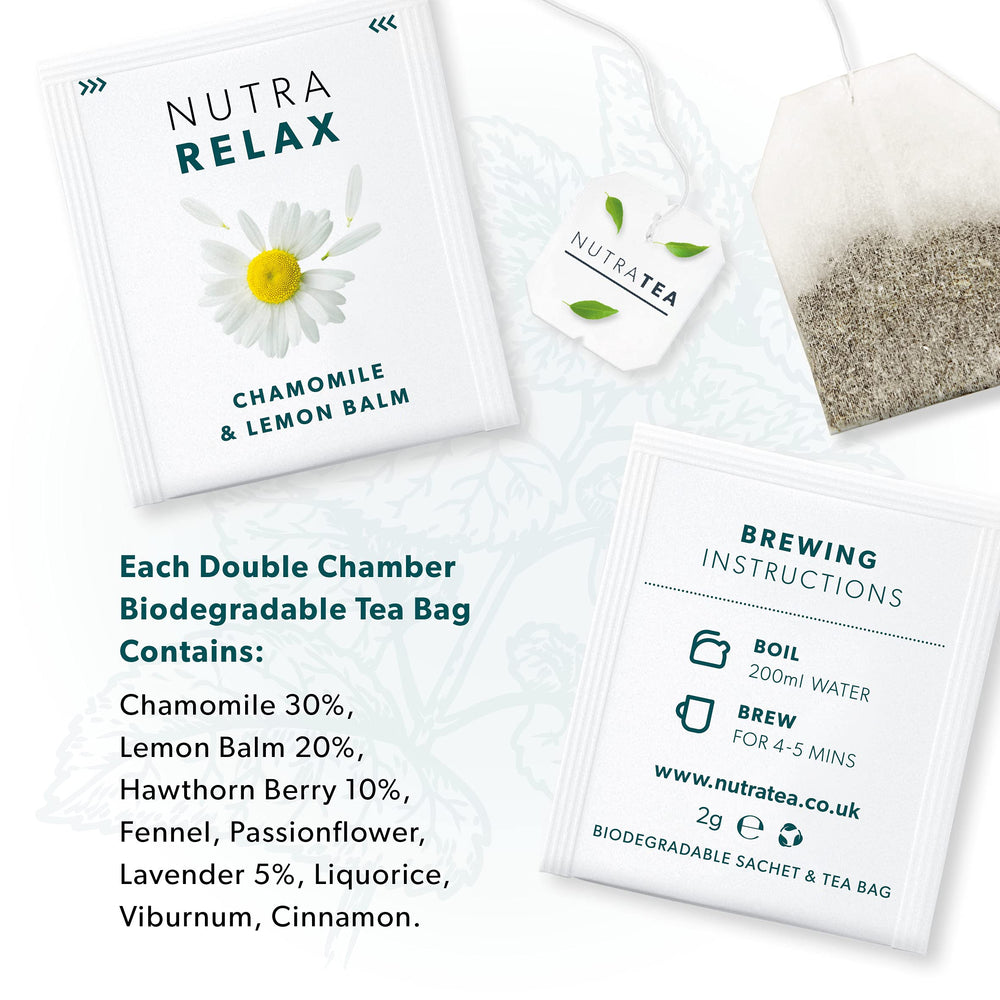 Nutra Tea NutraRelax packaging front showing easy-to-use sachets.