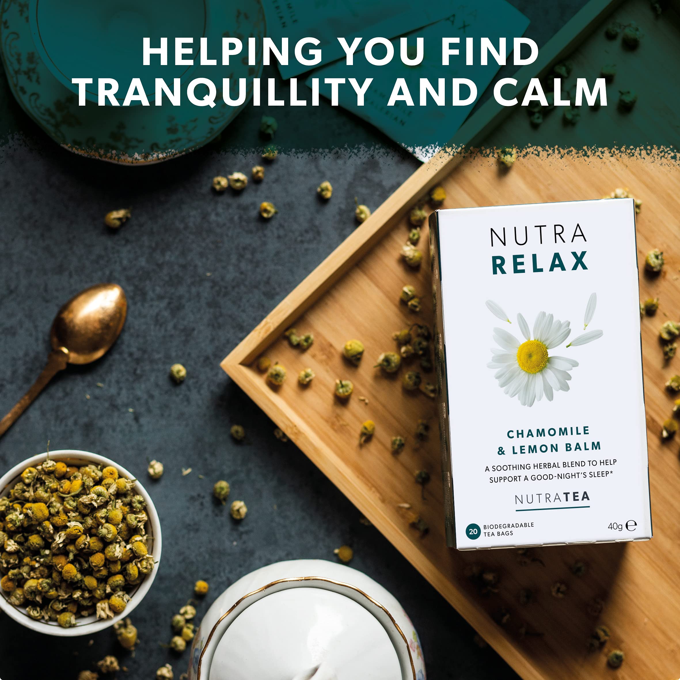 Nutra Tea NutraRelax steeping glass illustrates a comforting tea moment.