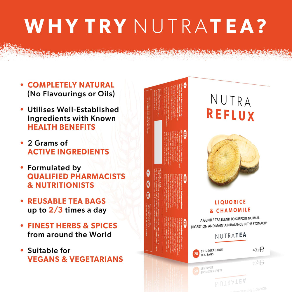 Nutra Tea NutraFlux brewed cup releasing peppermint and chamomile soothing notes