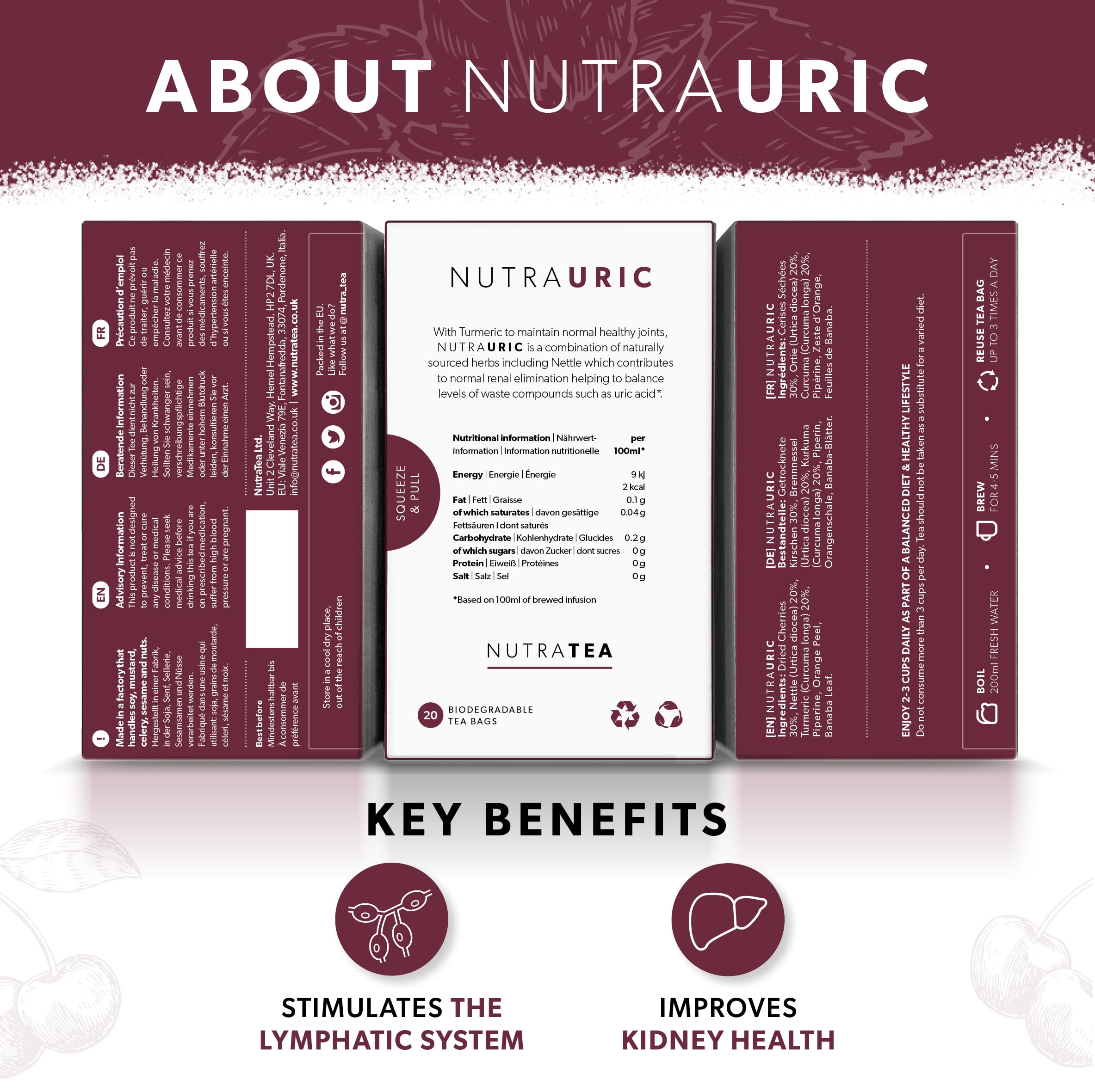 Nutra Tea Nutrauric cherry dried berries highlight flavorful blend.