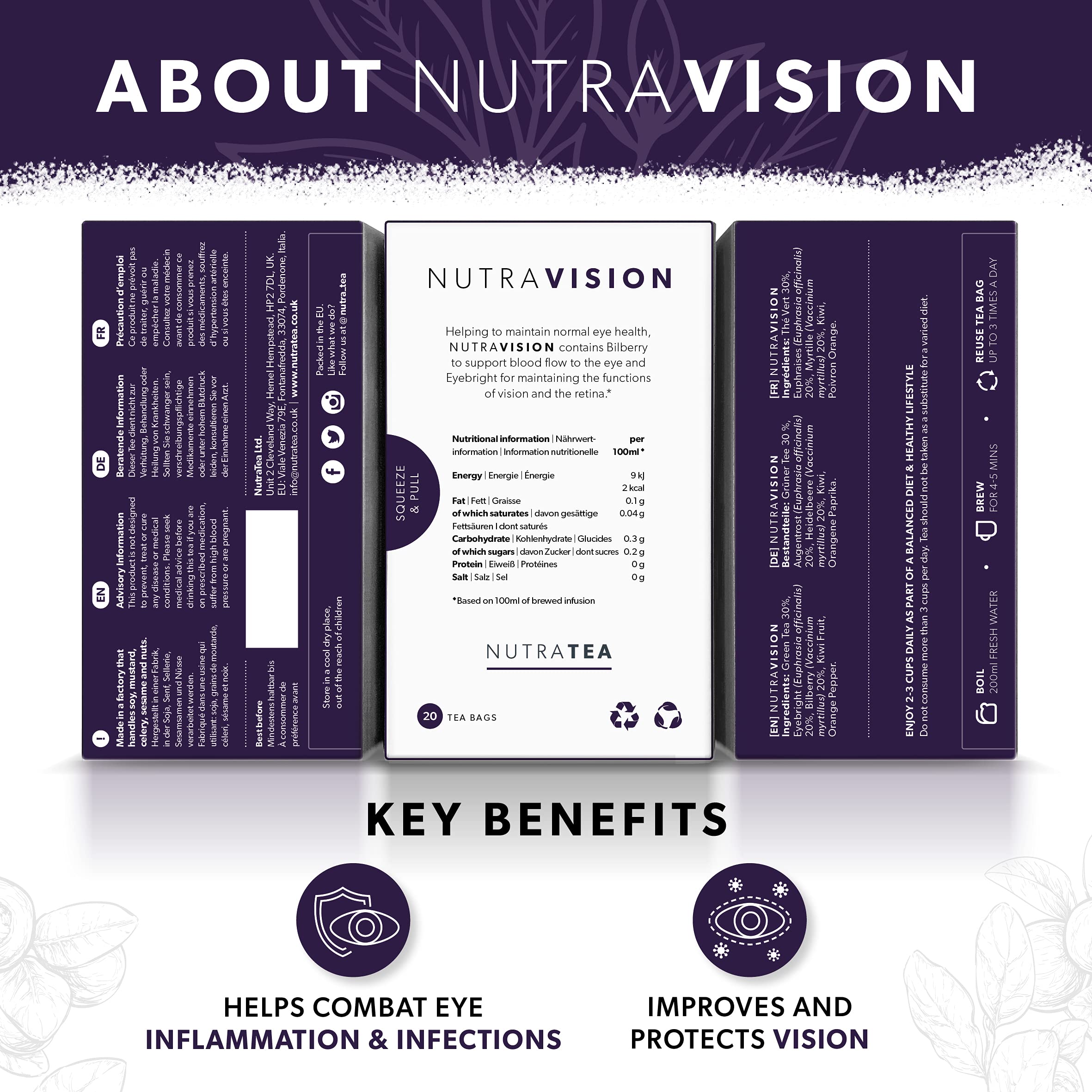 Nutra Tea Nutravision bilberry ingredients highlighted for eye health support.