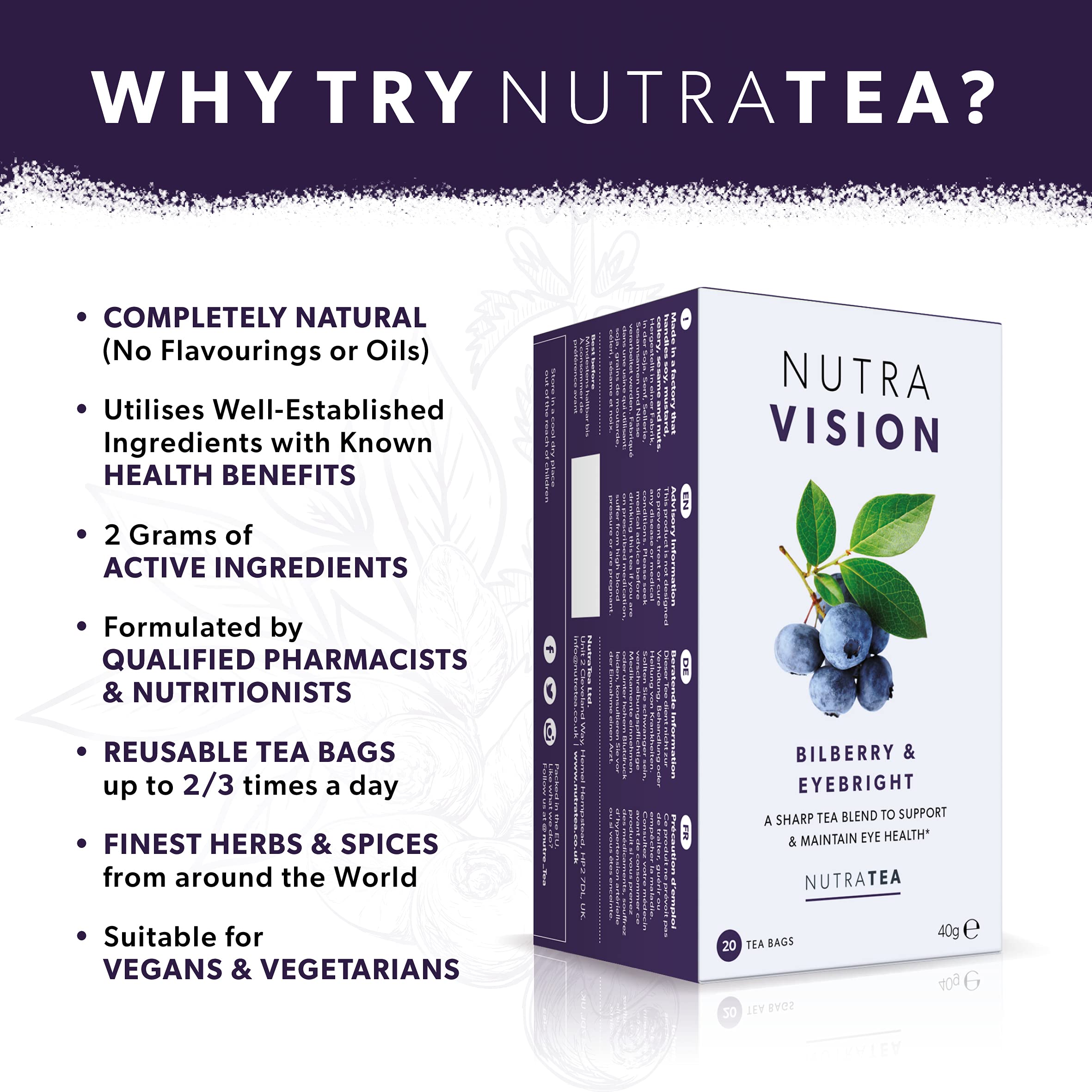 Nutra Tea Nutravision eyebright leaves visible in the blend for eye comfort potential.