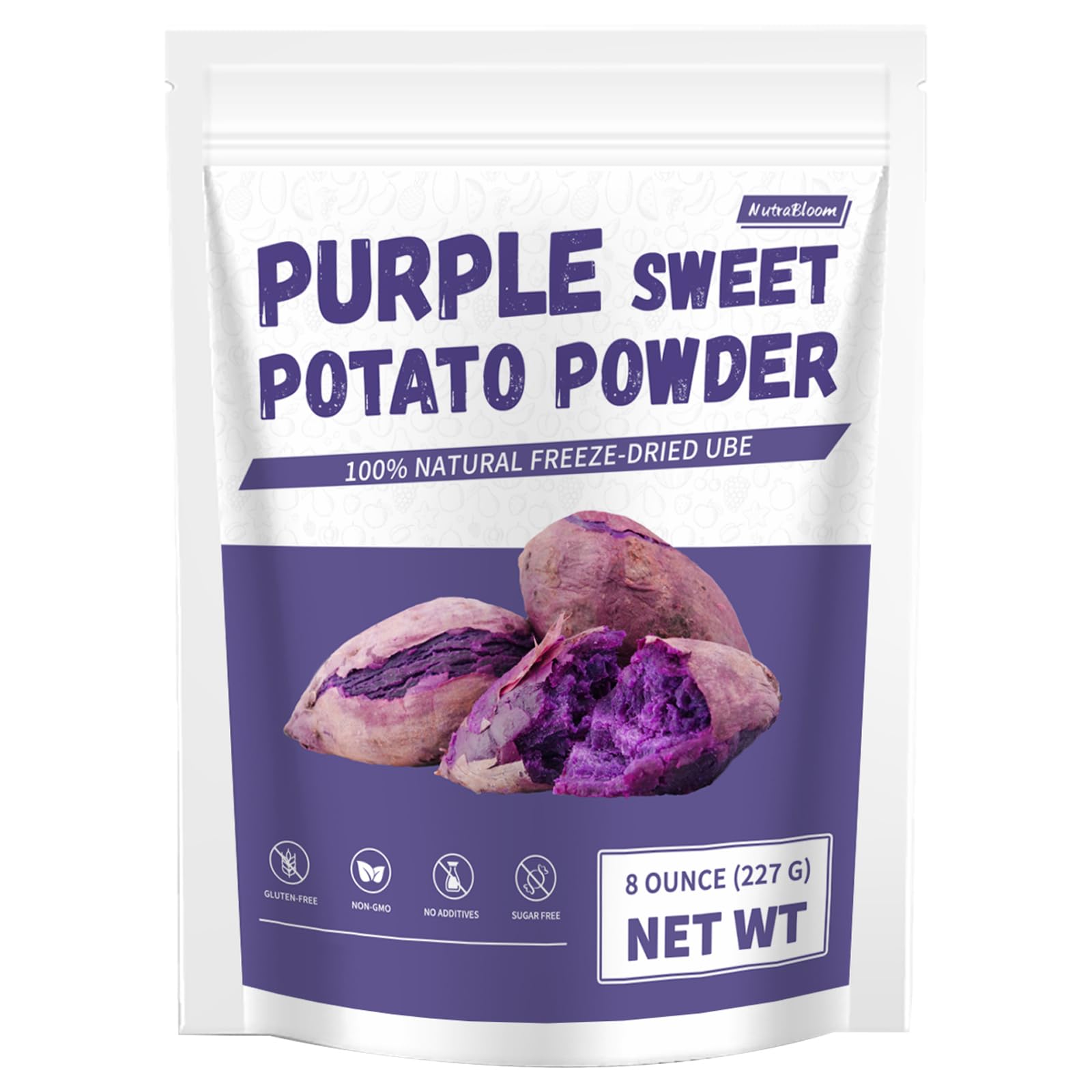 NutraBloom purple sweet potato powder bag enhances natural color in baked goods.