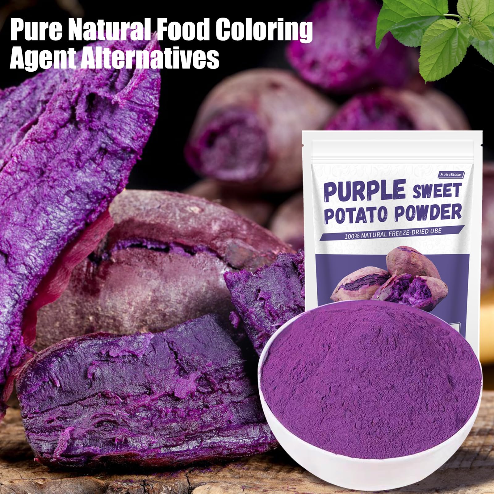 NutraBloom purple sweet potato powder latte showcases natural hue and creamy texture.