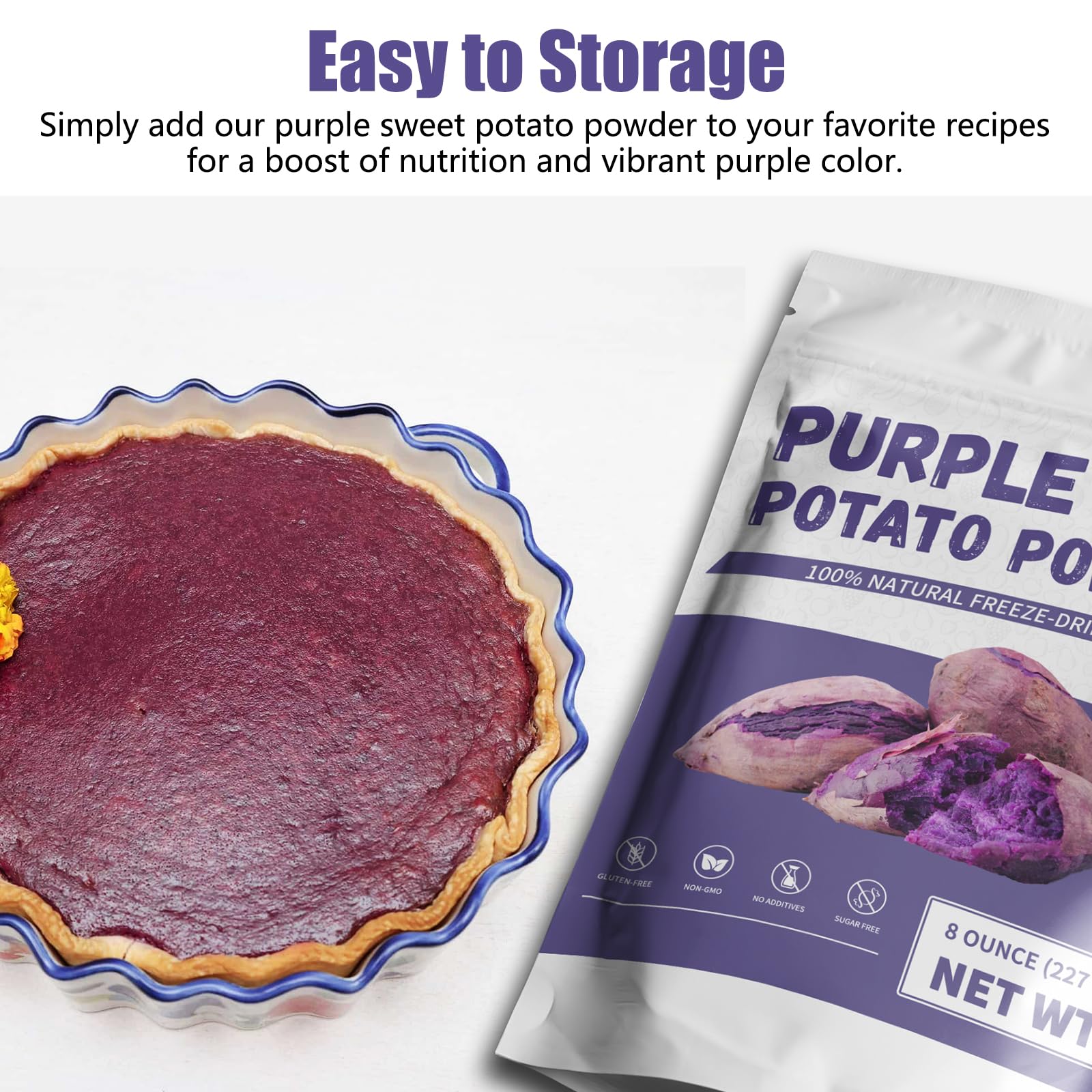 NutraBloom purple sweet potato powder pancakes stack displays vibrant color and flavor.