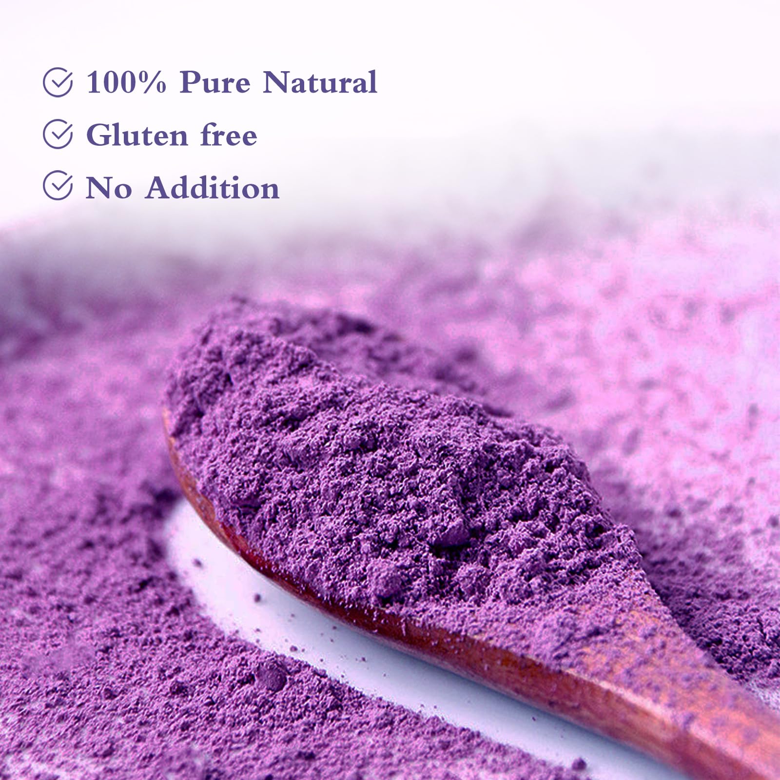 NutraBloom ube powder scoop adds vibrant color and easy blending for smoothies.